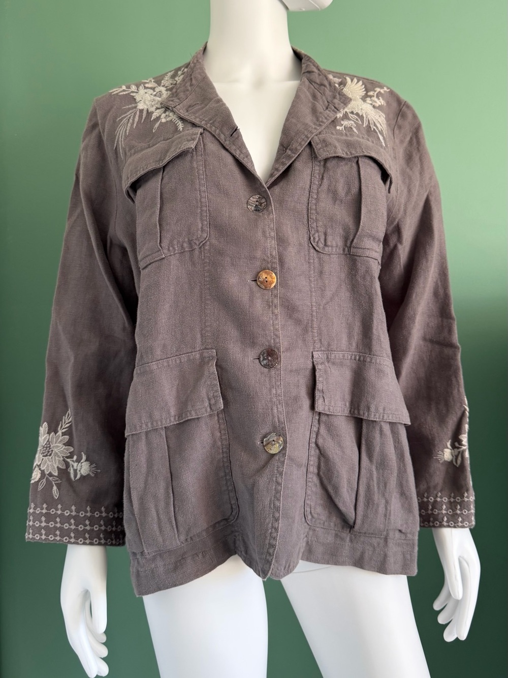 Johnny Was Linen Embroidered Gray Utility Jacket